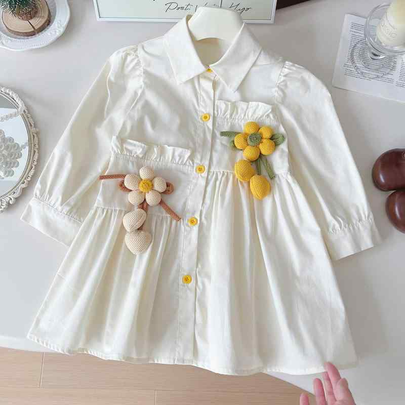 キッズ 女の子 ワンピース 長袖 シャツワンピース 立体フラワー ウエストマーク 前ボタン コットン ア..