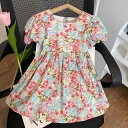 ワンピース 女の子 キッズ 子供服 春夏 小花柄 半袖 背中開き リボン プリンセスドレス コットン 綿素材 柔らかい肌触り 韓国 カジュアル 普段着 お出かけ