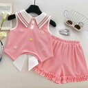 キッズ 女の子 夏 ノースリーブ トップス ショートパンツ セットアップ リボン フリル 背中開き 2点セット コットン 薄手 おしゃれ かわいい ピンク 普段使い プリンセススタイル