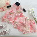 キッズ 女の子 夏 プリンセス風 おしゃれ プリント タンクトップ ノースリーブ トップス ショートパンツ 2点セット セットアップ 薄手 柔らかい ポリエステル 普段使い お出かけ カジュアル