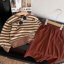 キッズ 女の子 ベビー 韓国 切り替え ストライプ 長袖 トレーナー スウェット ゆったり ワイドパンツ 上下セット 春秋 ブラウン ポリエステル 普段使い お...