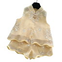 セットアップ 女の子 キッズ ノースリーブトップス ショートパンツ 新中国風 花柄 刺繍 スパンコール ポリエステル コットン 薄手 涼しい 柔らかい お出かけ...