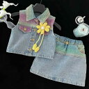 キッズ 女の子 女児 子供服 夏 サマー デニム 切り替え ノースリーブ ベスト スカート 2点セット セットアップ 綿混 ブルー 花柄 おしゃれ かわいい 韓...