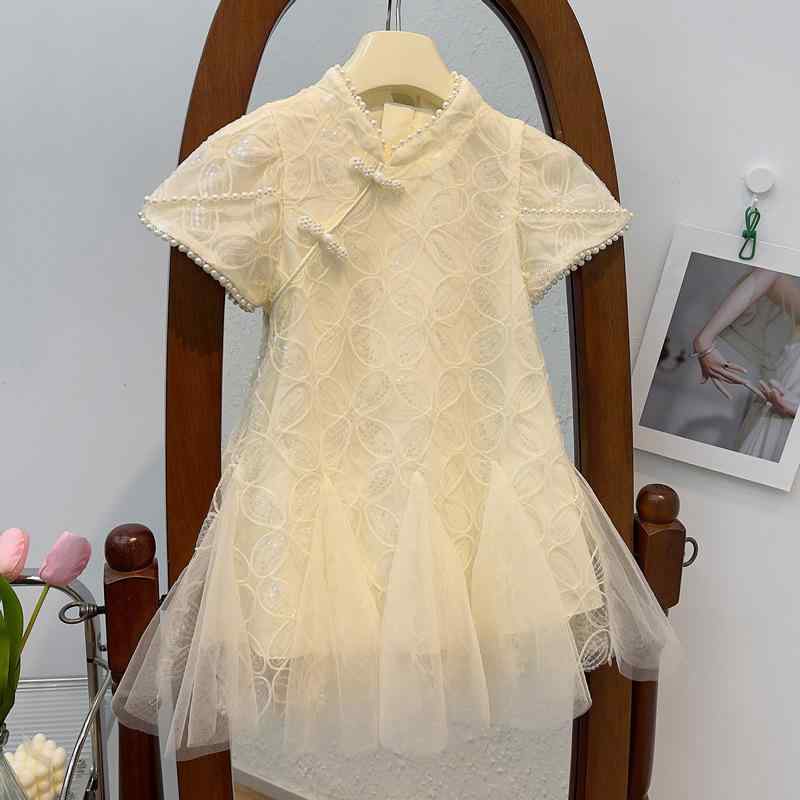 ワンピース 女の子 キッズ チャイナドレス 半袖 薄手 チュール レース パール装飾 春夏 ポリエステル ..