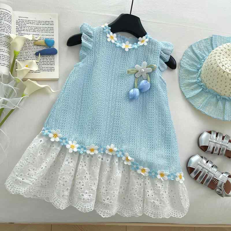 ワンピース 女の子 子供服 半袖 夏 フリル袖 立体フラワー レース切り替え プリンセスドレス 結婚式 発表会 パーティー ブルー ポリエステル