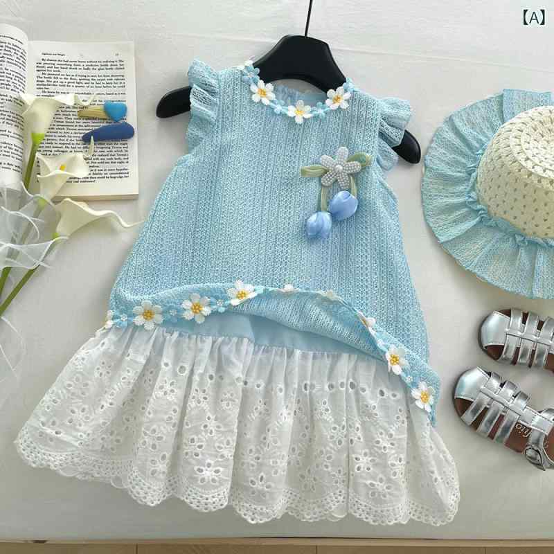 ワンピース 女の子 子供服 半袖 夏 フリル袖 立体フラワー レース切り替え プリンセスドレス 結婚式 発表会 パーティー ブルー ポリエステル