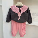 子供服 女の子 キッズ 韓国 セットアップ ツーピース スウェット トレーナー ロングパンツ 襟付き 刺繍 スポーツ カジュアル 綿 コットン 春秋 インフルエ...