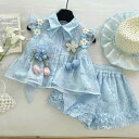 キッズ 女の子 春夏 セットアップ 薄手 立体花 フリル袖 トップス レース ショートパンツ 2点セット プリンセススタイル リボン 綿混 レーヨン混 涼しい ...