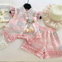 キッズ 女の子 セットアップ 立体 花柄 フラワーモチーフ フリル袖 トップス ブラウス リボン フリル レース ショートパンツ ツーピース プリンセス 夏 サ...