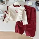 キッズ 女の子 セットアップ 春秋 刺繍 リボン 長袖 トレーナー スウェット ロングパンツ 長ズボン ストレッチ 伸縮性 綿混素材 普段着 お出かけ カジュア...