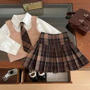 セットアップ キッズ 女の子 学院風 スクール風 制服風 長袖シャツ ブラウス ニットベスト プリーツスカート 3点セット チェック柄 綿混 春夏 春秋 通学 ...