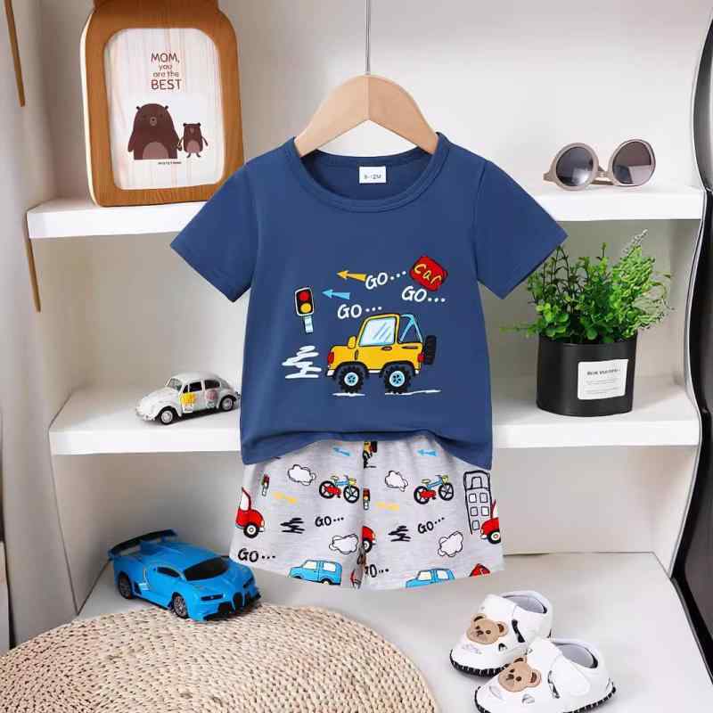 ベビー 男の子 パンツセット かわいい 車 自転車 プリント柄 丸首 半袖Tシャツ ゴムウエスト ショート..