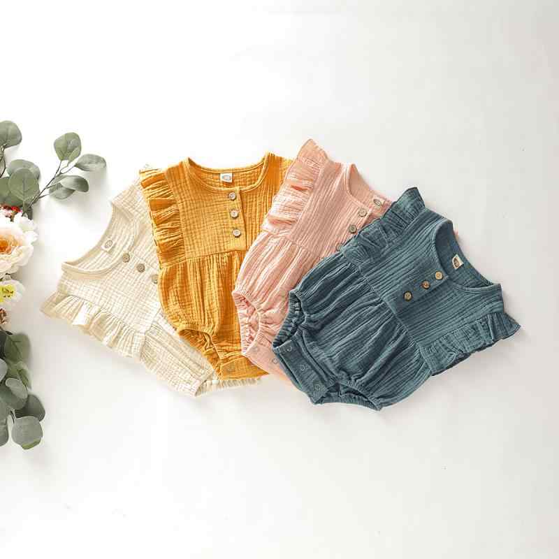 ベビー 男女兼用 ロンパース カバーオール ボディスーツ 綿麻 コットン リネン フリル ボタン 薄手 半..