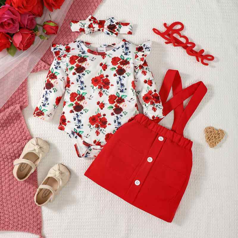 ベビーウェア 女の子用 秋冬 レッド ローズ花柄 長袖 フリル袖 ロンパース サロペットスカート ニット素材 ポリエステル 3点セット