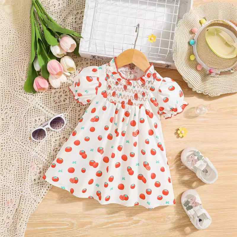 ワンピース ベビー 女の子 かわいい ナチュラル カジュアル 柿柄 パフスリーブ 半袖 ドロップボタン ス..