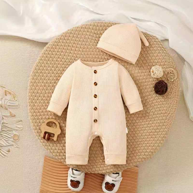 ロンパース カバーオール 新生児 男の子 ベビー 春秋 長袖 かわいい 帽子 スナップボタン ポリエステル 2点セット アプリコットカラー 男女兼用 普段使い
