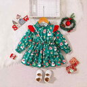 女の子 ワンピース 秋冬 クリスマス ホリデー柄 水滴デザイン フリル装飾 長袖 斜め掛けバッグ 2点セット かわいい アニマル柄 グリーン ティアードスカート