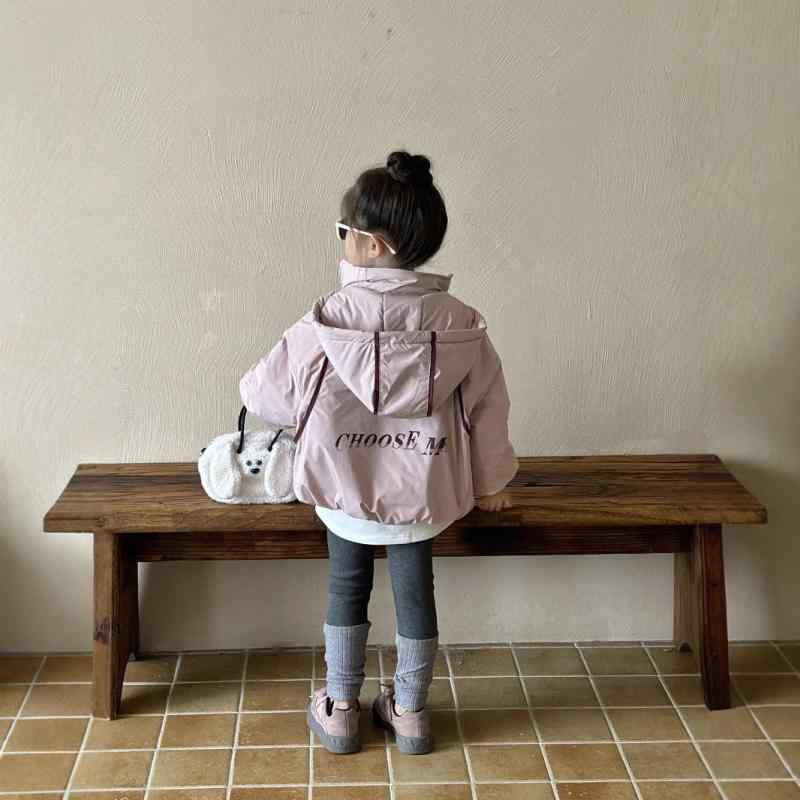 キッズ 女の子 中綿ジャケット 厚手 フード付き ショート丈 長袖 韓国 秋冬 防寒 ナイロン ポリエステル ジップアップ カジュアル 普段使い お出かけ 通園 通学