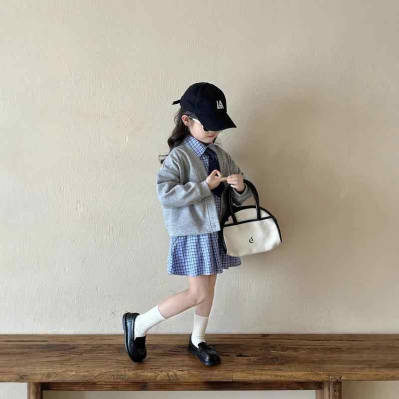 キッズ 女の子 春夏 韓国 グレー シングルブレスト カーディガン ブルー チェック柄 ネクタイ付き Vネ..
