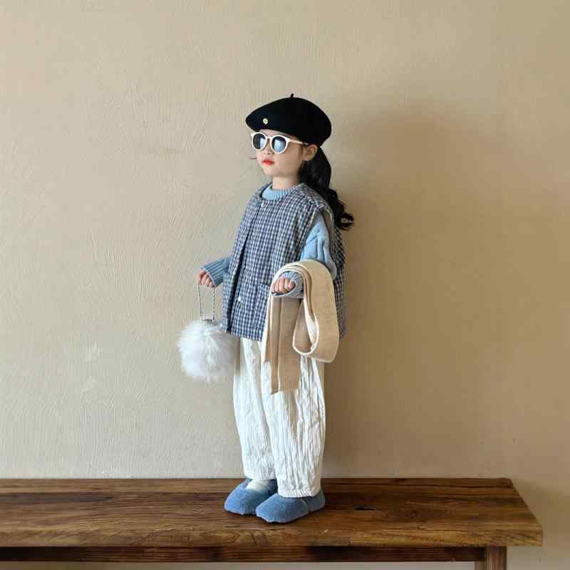 ベスト 女の子 キッズ ベビー 女児 秋冬 韓国 中綿入り チェック柄 厚手 綿混 コットン ジレ 前開き ボ..