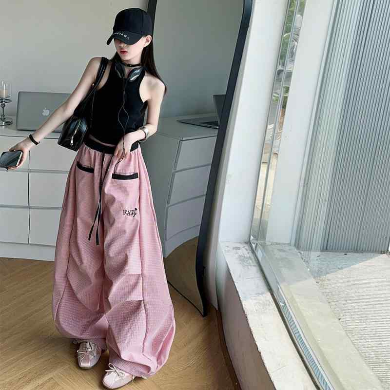 パンツ 女の子 キッズ ストライプ ワイドパンツ ハイウエスト ゆったり ドレープ感 ロング丈 綿混 再生繊維 春夏 カジュアル ストリート 柔らか素材 普段使い