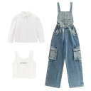 パンツセット ガールズ ジュニア 春秋 韓国 おしゃれ トレンド デニム ワイド 2WAY サロペット 綿混 ツーピース カジュアル 普段使い 着回し