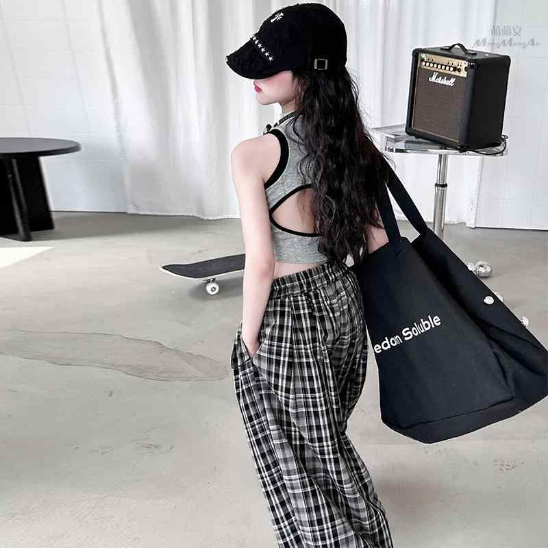 ガールズ ジュニア セットアップ ノースリーブ タンクトップ 配色オープンバック 無地トップス バルーンパンツ ウエストゴム チェック柄 ロングパンツ ゆったり レトロ 薄手 カジュアル 綿混 春夏 2点セット