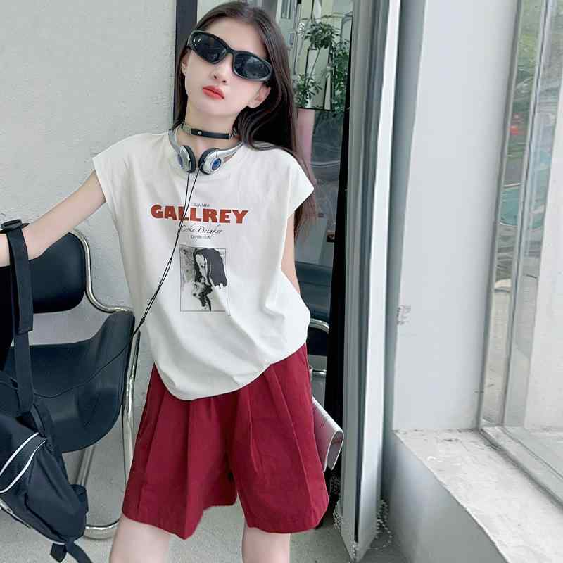 キッズ 女の子 セットアップ 夏 クルーネック ノースリーブ タンクトップ ショートパンツ ゆったり ビ..