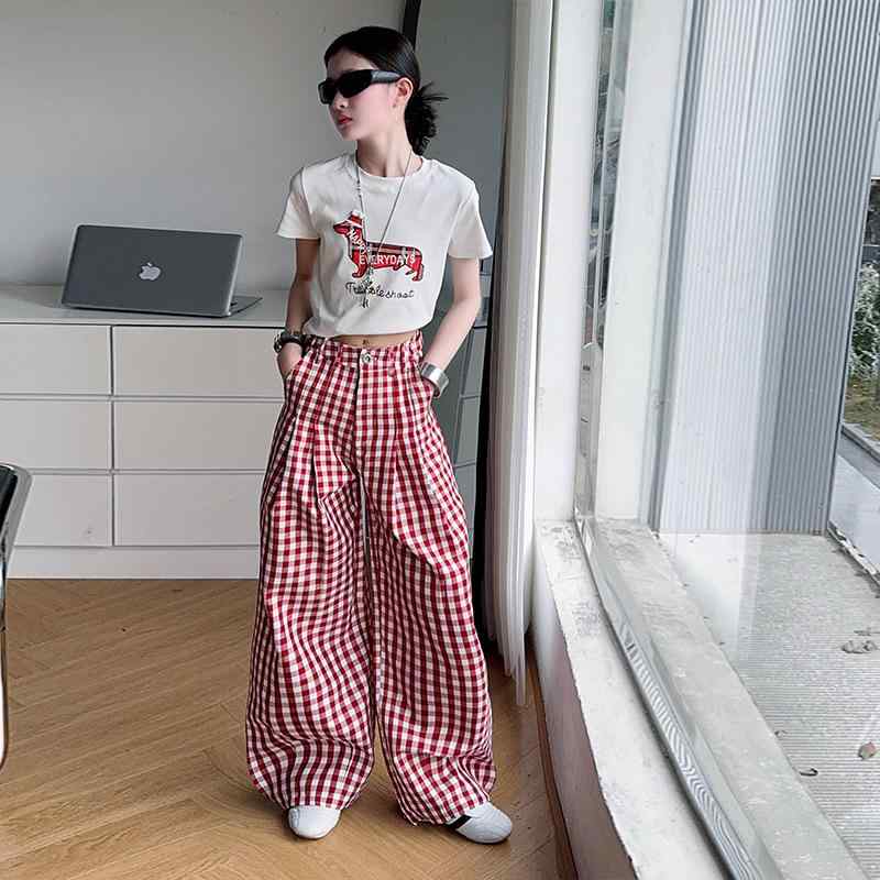 パンツ 女の子 ジュニア ガールズ ハイウエスト チェック柄 レッド ワイド ストレート ゆったり 細見え..