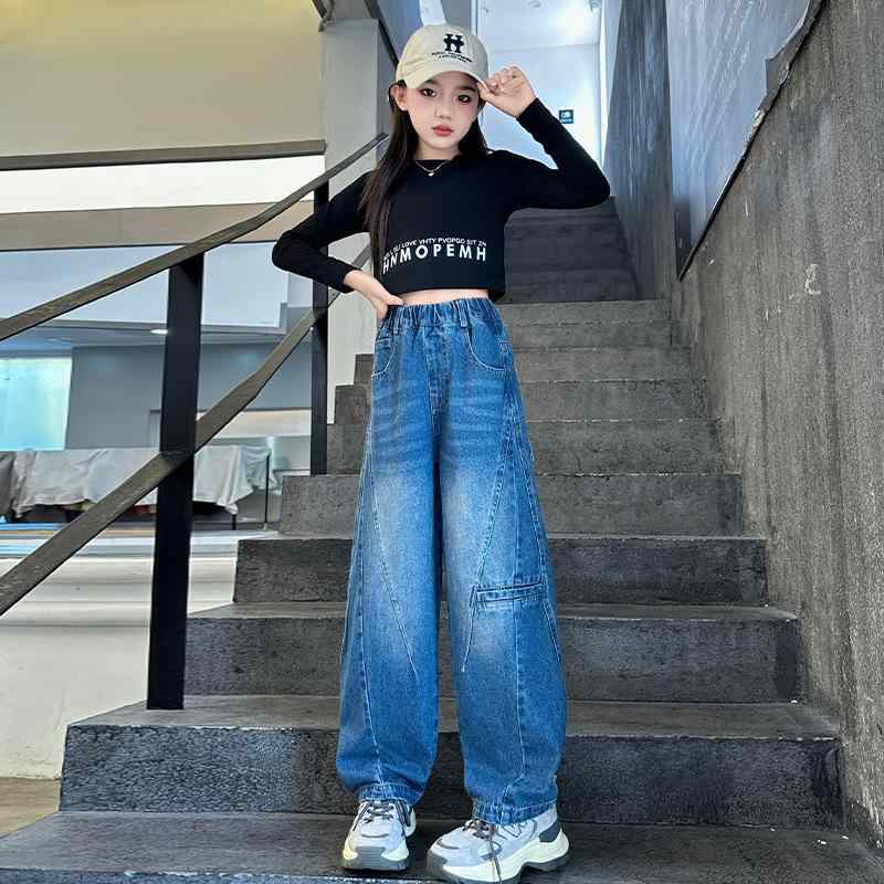 デニムパンツ ガールズ キッズ ジュニア 春秋 ストレート ハイウエスト ゆったり ワイド ルーズ ロング..