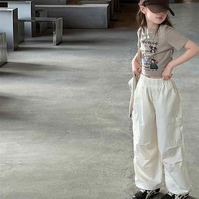 パンツセットアップ キッズ 女の子 半袖Tシャツ ワークパンツ 2点セット 春夏 おしゃれ カジュアル かわいい 薄手 綿混 再生繊維 キャラクター柄 無地 グレー ホワイト