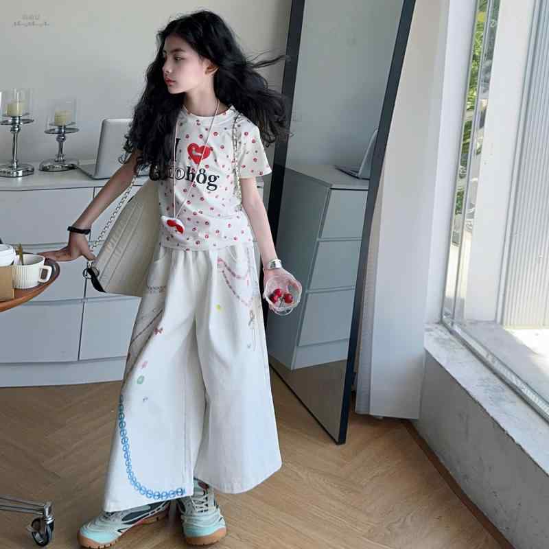 デニムパンツ キッズ 女の子 七分丈 クロップド丈 ワイド ルーズ ヴィンテージ風 アメリカン ストリー..