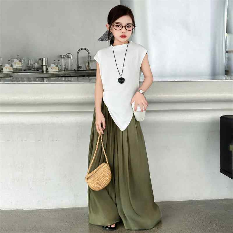 セットアップ 女の子 キッズ ジュニア 夏 ノースリーブ トップス ワイドパンツ ガウチョパンツ 2点セッ..