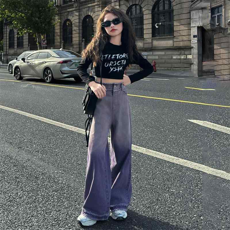 デニムパンツ 女の子 キッズ レトロ グラデーション パープル 切り替え ワイドロングパンツ ゆったり ..