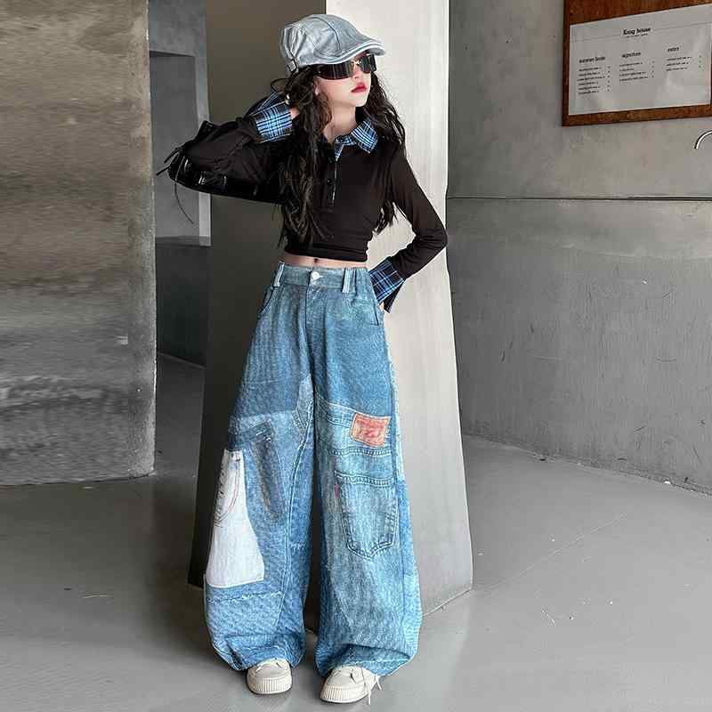 キッズ 女の子 セットアップ 春秋 韓国 長袖 ウエストマーク チェック柄 トップス カートゥーンプリン..