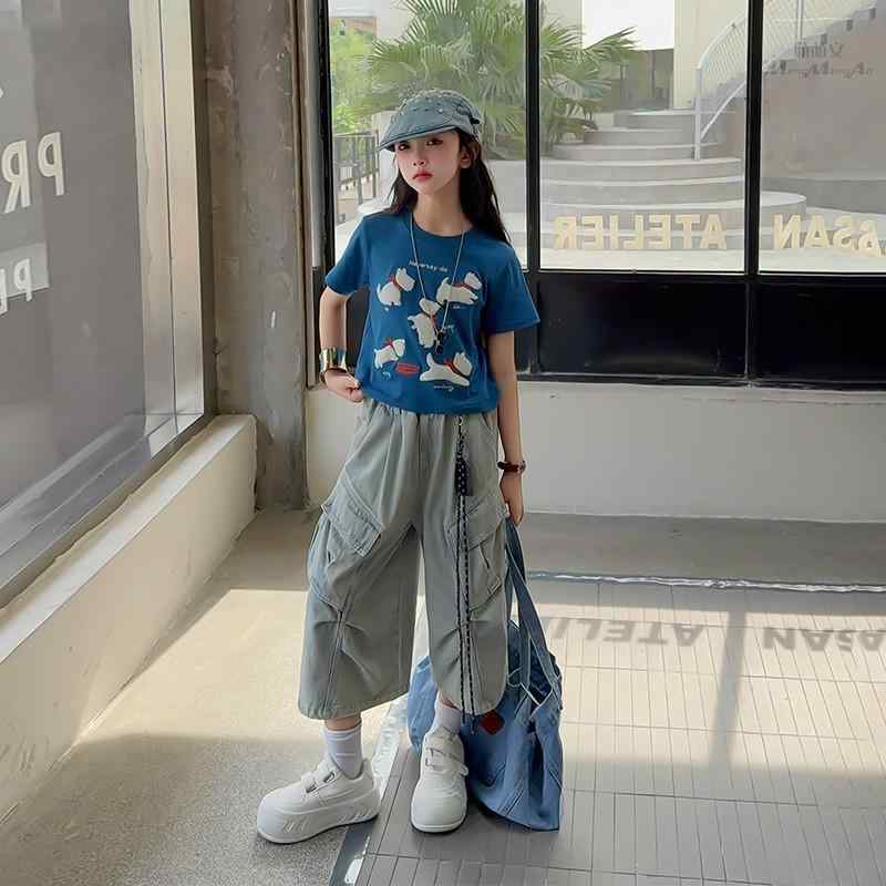 セットアップ キッズ ガールズ ワークテイスト デニム 半袖 Tシャツ ショートパンツ 2点セット 春夏 薄..