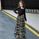 キッズ 女の子 セットアップ ジュニア 秋物 チェック柄 ショート丈トップス ワイドシルエットロングパンツ 綿混 カジュアル 普段使い 通学 上下セット