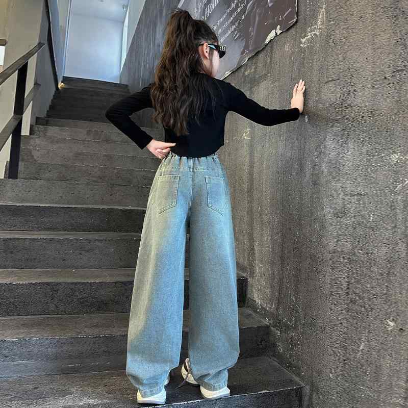 デニムパンツ 女の子 ガールズ キッズ ジュニア 春秋 ストレート ワイド ゆったり ルーズ ハイウエスト..