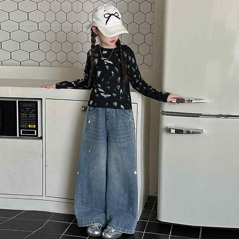 デニムパンツ 女の子 ラインストーン ストレート ワイド ゆったり ハイウエスト ゴムウエスト カジュア..