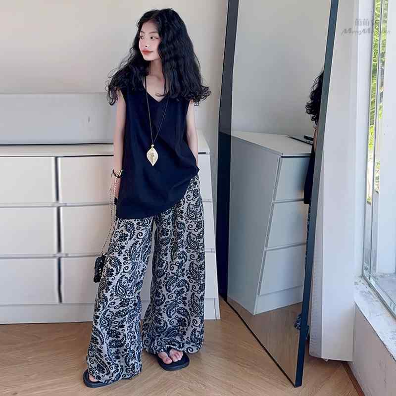 セットアップ 女の子 春夏 韓国 ブラック ルーズ ノースリーブ ベスト 花柄 ゆったり ワイドパンツ 綿..