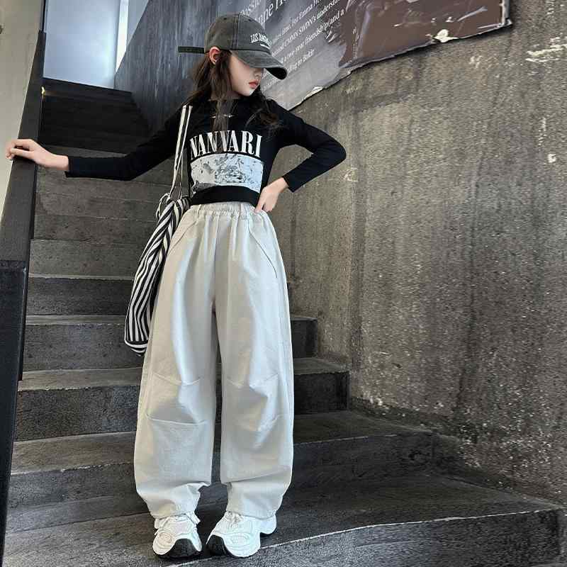 パンツ 女の子 キッズ ゆったり ルーズ ワイドパンツ ワークパンツ ハイウエスト ウエストゴム 韓国 カ..