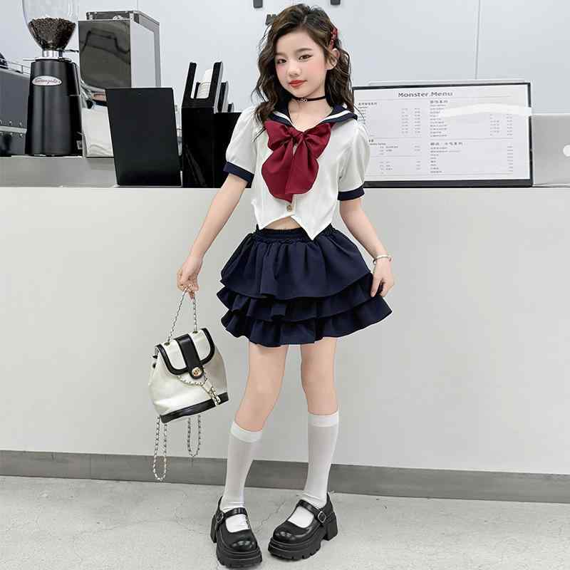スカート セットアップ 女の子 キッズ ジュニア JK制服風 韓国ファッション 半袖 綿混 春夏 無地 通学 ..