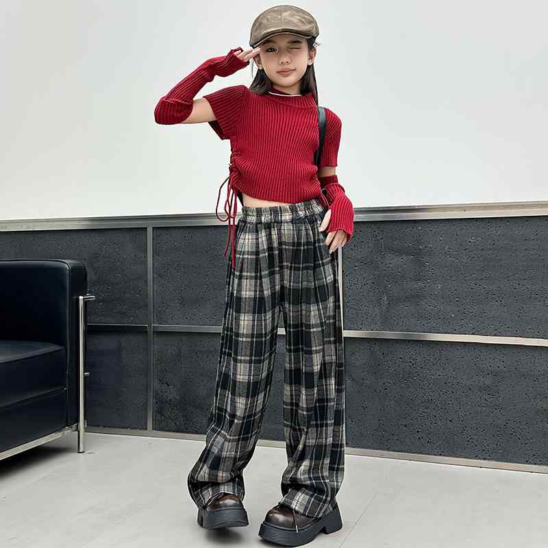 キッズ 女の子 ジュニア 春秋 カジュアルパンツ 韓国 ゆったり ルーズフィット チェック柄 ハイウエスト 綿混素材 普段着 黒 ズボン