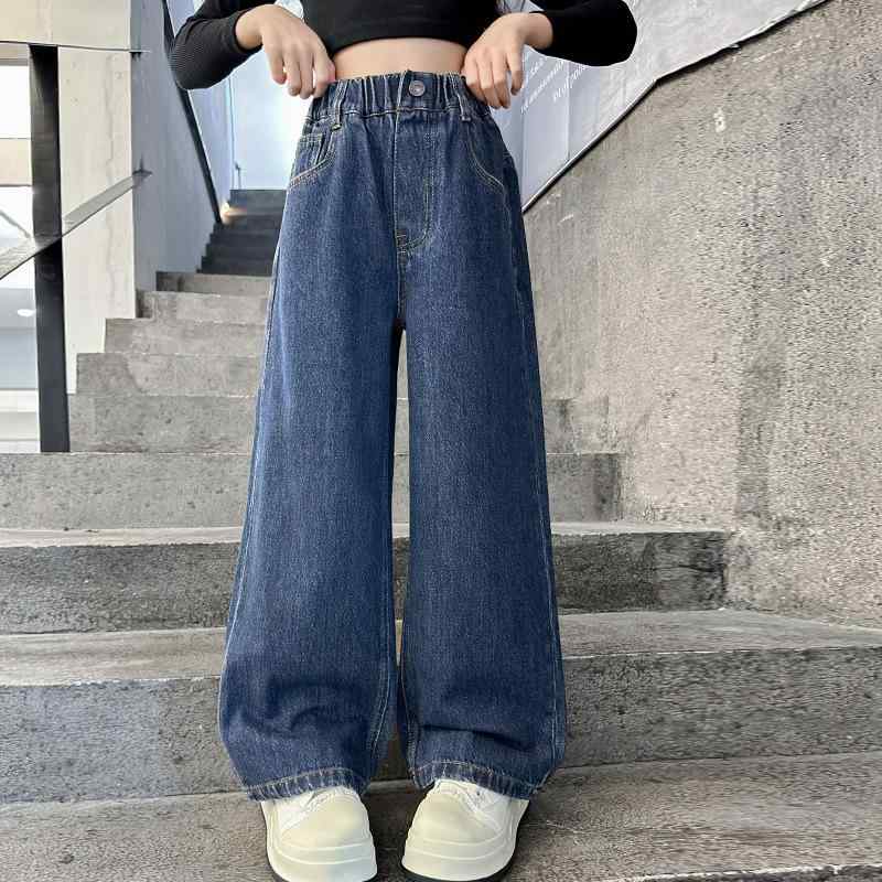 デニム 女の子 キッズ ジュニア 中学生 春秋 ワイド ストレート ゆったり ハイウエスト コットン 柔らかい ウエストゴム 通学 普段使い..