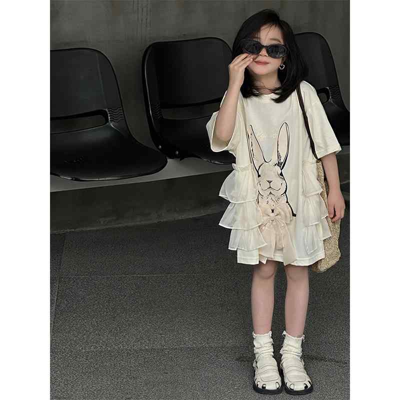Tシャツワンピース 女の子 キッズ キャラクター うさぎ 半袖 ミドル丈 綿 吸湿速乾 柔らかい カジュア..