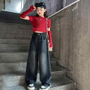 ジーンズ 女の子 キッズ ジュニア ワイドパンツ ルーズフィット ゆったり ハイウエスト 韓国 おしゃれ トレンドライク 春秋 黒 ロング丈