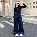デニムパンツ 女の子 ガールズ ゆったり ワイドパンツ 春秋 おしゃれ ロング丈 ハイウエスト ウエストゴム 無地 ブルー 着回し 韓国ファッション 小中学生