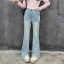 ジーンズ 女の子 子供服 春秋 韓国 おしゃれ カジュアル ストリートスタイル 細見え スタイルアップ ストレッチ 伸縮性 ハイウエスト フレアパンツ デニム ...