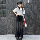 デニムパンツ 女の子 子供 ジュニア ガールズ 韓国ファッション おしゃれ ハイウエスト フレアシルエット ストレッチ ロング丈 ブラック 春秋