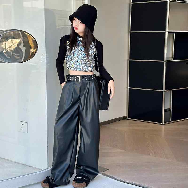 セットアップ 女の子 ジュニア ガールズ 長袖 スパンコール ニット セーター フェイクレザーパンツ カジュアル おしゃれ 普段使い 秋冬 2点セット